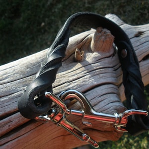May include: A black leather dog leash with a silver metal clip. The leash is braided and has a loop at the end.