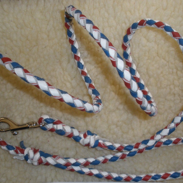 Braided Leather dog leash, 4 strand, 3/8" X 56", RED, WHITE & BLUE, general use, show, silver bolt snap, Hand Made in U S A by Don Willett