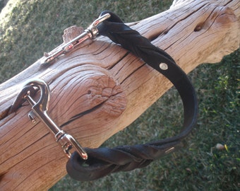 BLACK Latigo leather 2-dog  LEASH TRAINING coupler 3/4" X 24.5"  chrome swivel bolt snaps. Use also to tether the dog to you.