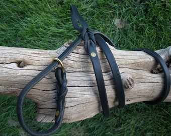May include: A black leather dog leash with a braided section and a brass ring. The leash is lying on a piece of driftwood against a background of green grass. The leash has a simple, classic design.