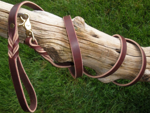 Leather dog leash, 5/8" X 72", Latigo leather, heavy leather, obedience training, solid brass scissor snap, hand made in USA by Don Willett