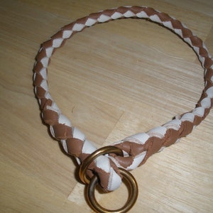 Braided leather slip collar, 3/8&quot; X 18&quot;, camel & WHITE, solid brass rings, general use, leash training, hand made in USA by Don Willett, new