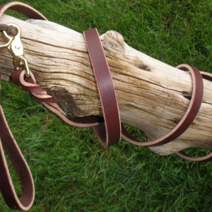 Puede incluir: Una correa de cuero marr&oacute;n oscuro para perro con un detalle de asa trenzada y un mosquet&oacute;n giratorio de metal dorado. La correa est&aacute; fabricada con una sola tira de cuero con acabado liso y asegurada con un remache met&aacute;lico cerca del asa.