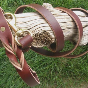 Pu&ograve; includere: Un guinzaglio in pelle marrone scuro con una sezione dell'impugnatura intrecciata e un moschettone girevole in ottone lucido. La cinghia &egrave; realizzata in un unico pezzo di pelle con un rivetto metallico che fissa l'anello vicino all'ottone.
