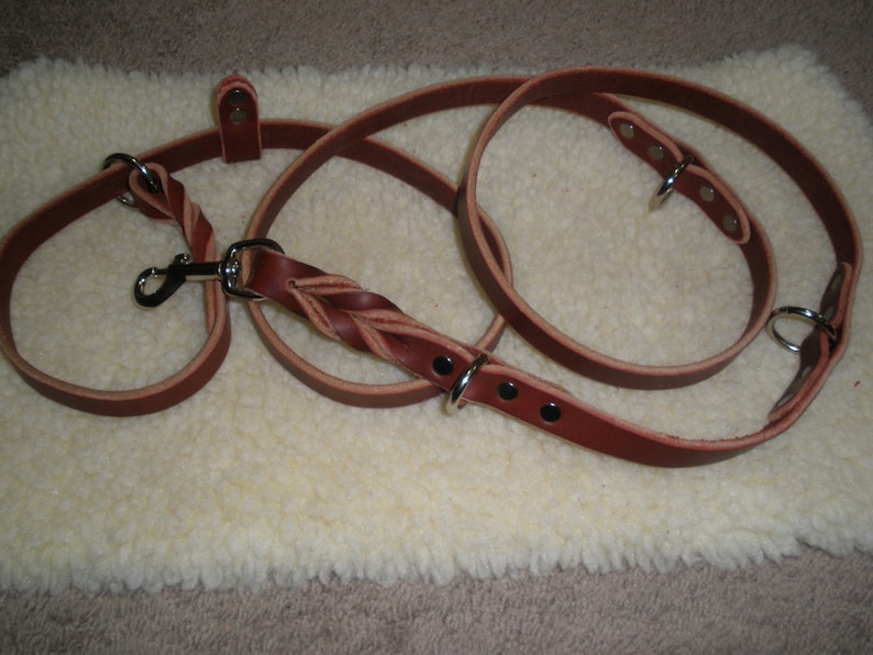 rings at 1/' and 38 on the leash and one ring just above the snap . collar Latigo leather SERVICE DOG TYPE slip leash 34 x 84 incl