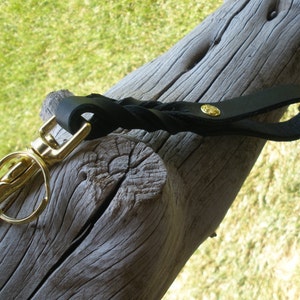 BLACK leather key fob, 5/8"X 8.75", dog obedience training tab, SOLID brass swivel scissor snap, 2.75" loop handle, off leash control