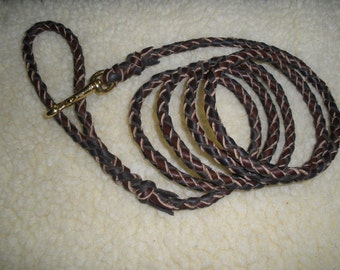 BRAIDED LEATHER LEASH, 3/8" x 72", 4- strand black & brown, solid brass swivel bolt snap, show leash, hand made in U S A by Don Willett