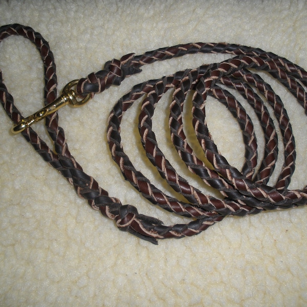 BRAIDED LEATHER LEASH, 3/8" x 72", 4- strand black & brown, solid brass swivel bolt snap, show leash, hand made in U S A by Don Willett