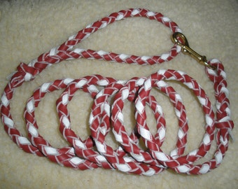 BRAIDED LEATHER LEASH, 3/8" X 72", 4 strand red and white, solid brass swivel bolt snap, general use, made in U S A by Don Willett, new