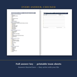May include: A two-page document featuring a list of trivia questions on the left and a blank team answer sheet on the right. The header reads EVERY ANSWER, CHECKED. The right page includes fields for team name, round number, and eight numbered lines.