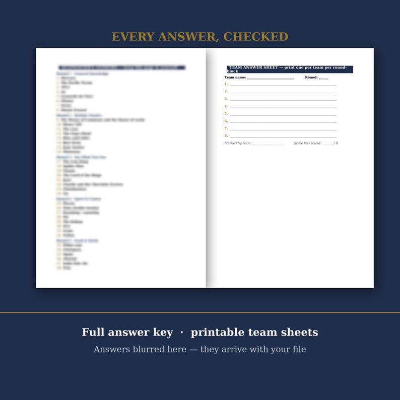 May include: A two-page document featuring a list of trivia questions on the left and a blank team answer sheet on the right. The header reads EVERY ANSWER, CHECKED. The right page includes fields for team name, round number, and eight numbered lines.