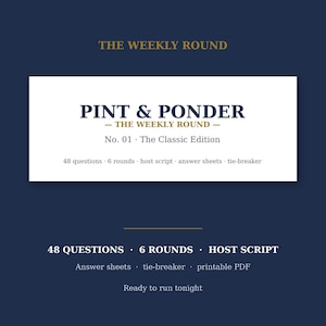 Könnte beinhalten: Ein digitales Quizspiel mit dem Titel Pint & Ponder The Weekly Round No. 01 The Classic Edition. Die weiße rechteckige Grafik enthält dunkelblauen Text, der 48 Fragen, 6 Runden, ein Moderatorenskript, Antwortbögen und ein Stechen als PDF auflistet.