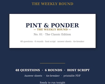 Pub Quiz Questions and Answers · Complete Trivia Night Kit No. 02 · 48 Questions 6 Rounds · Host Script + Answer Sheets · Printable PDF