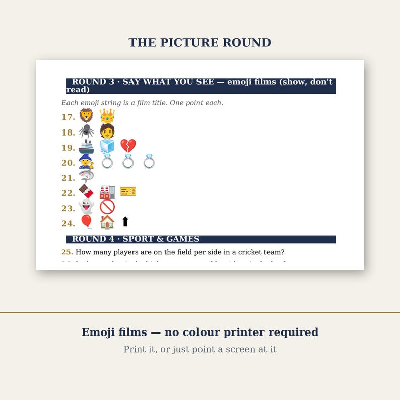 May include: A printed quiz sheet titled THE PICTURE ROUND featuring Round 3 with emoji film puzzles numbered 17 through 24, and Round 4, question 25 about cricket. The text includes instructions for emoji films and a note about printer requirements.