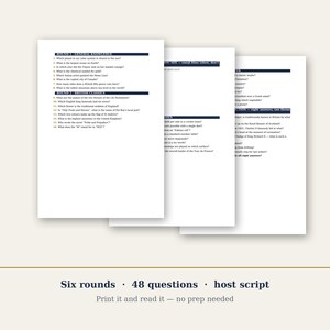 May include: Three white sheets of paper featuring a printed quiz with six rounds and 48 questions. The text includes headers like Round 1 General Knowledge and Round 2 British Classics. Below the papers, the text reads Six rounds 48 questions host script.