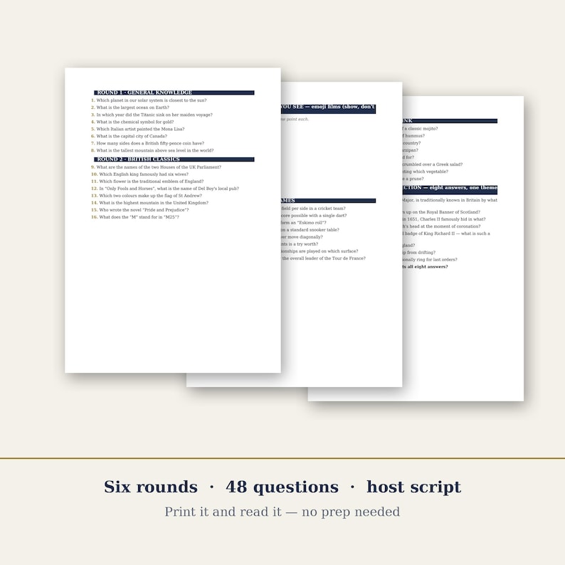 May include: Three white sheets of paper featuring a printed quiz with six rounds and 48 questions. The text includes headers like Round 1 General Knowledge and Round 2 British Classics. Below the papers, the text reads Six rounds 48 questions host script.