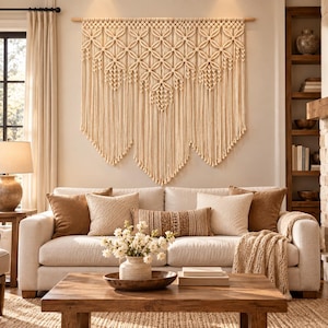 May include: A large off-white macrame wall hanging featuring an intricate geometric knot pattern and long, flowing fringe. The piece is suspended from a horizontal wooden rod and displays a symmetrical design with multiple pointed, layered sections.