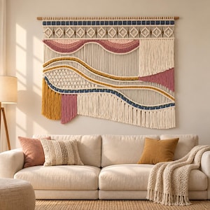 May include: A large macrame wall hanging featuring intricate knotted patterns in cream, mustard yellow, dusty rose, and navy blue. The design incorporates flowing horizontal waves, geometric diamond shapes, and long vertical fringe sections.