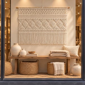 May include: A large off-white macrame wall hanging with intricate diamond patterns and long fringe, suspended from a wooden rod. Below, a wooden bench holds two ceramic vases, a small wooden bowl, stacked books, folded textiles, and a pillow.