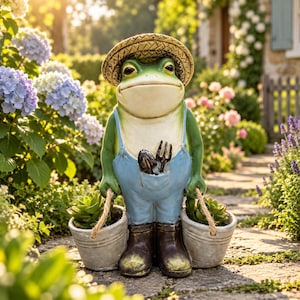 Peut inclure: Une statue de jardin représentant une grenouille verte portant un chapeau de paille et une salopette bleue avec une petite pelle et une fourche dans la poche. La grenouille tient deux seaux gris contenant des plantes succulentes vertes.
