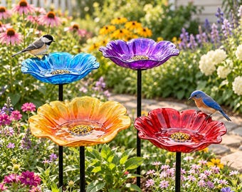 Metal Flower Bird Bath Stake, Handmade Iron Garden Bird Feeder with Detachable Bowl, Outdoor Bird Drinking Cup Yard Decor
