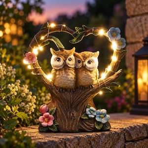Può includere: Un ornamento decorativo da giardino con due gufi marroni appollaiati su un tronco d'albero a forma di cuore. La struttura è decorata con foglie verdi, fiori rosa e blu e una catena di luci bianche calde avvolta attorno ai rami.