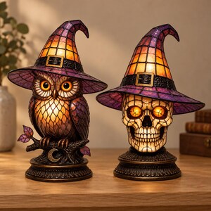 Retro Halloween Häxhatt Bordlampa Färg Målat Glas Gotisk Nattlampa Ornament Multifunktionell Skrivbordsdekor För Vardagsrum