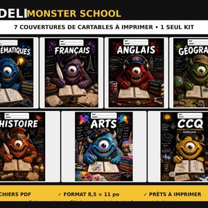 Peut inclure: Un ensemble numérique de sept couvertures de classeur imprimables intitulées MADELI MONSTER SCHOOL, illustrées de monstres à un œil pour les matières Mathématiques, Français, Anglais, Géographie, Histoire, Arts et CCQ, au format PDF 21,6 x 27,9 cm.