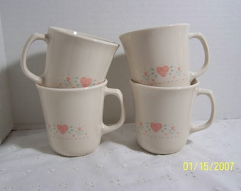 4 Corelle FOREVER YOURS Coffee Mugs, Tea Mugs, Discontinued pattern, Replacement Corelle, Microwave safe, Vintage 1980s Corelle