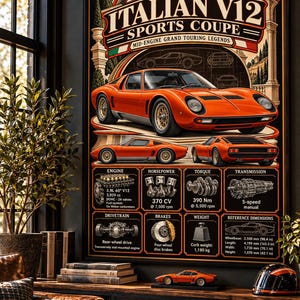May include: A rectangular wall poster titled 1970 ITALIAN V12 SPORTS COUPE featuring an orange sports car in front and rear views, technical diagrams of the engine, transmission, and brakes, and specifications including 370 CV and 1,180 kg.