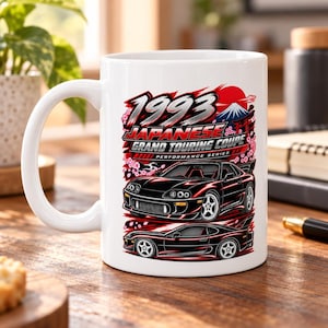 Retro Japanese Coupe JDM Illustration Mug | Sakura Sunset Campervan Coffee Cup