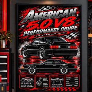 May include: A framed poster featuring a black coupe with red and black graphic accents. Text reads: American 5.0 V8 Performance Coupe Street Machine Series. Includes technical specifications for engine, transmission, drivetrain, and dimensions in inches.