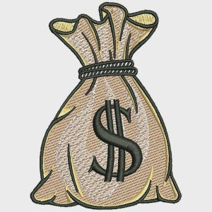 May include: An embroidered patch depicting a tan money bag cinched at the top with a dark brown cord. The bag features a prominent black dollar sign symbol centered on the front. The entire design is outlined in a thick, dark black thread border.