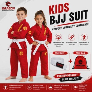 May include: A red kids BJJ suit featuring a white belt, a red drawstring bag, and the text "KIDS BJJ SUIT" and "DRAGON". The uniform includes a jacket and pants with yellow dragon logos on the chest and sleeves, designed for martial arts training.