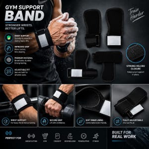 May include: Black gym support bands featuring a T-shaped design with a white rectangular accent, adjustable straps, and a strong velcro closure. The set includes multiple views showing the wrist support, soft inner lining, and secure grip functionality.