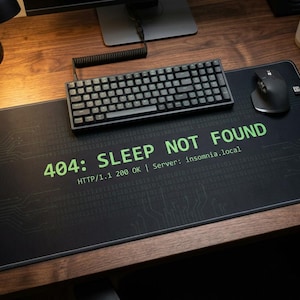May include: A rectangular black desk mat featuring a subtle dark circuit board pattern and bright green text that reads 404: SLEEP NOT FOUND, HTTP/1.1 200 OK | Server: insomnia.local, with a black mechanical keyboard and a wireless mouse placed on top.