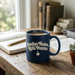 May include: A dark blue ceramic mug featuring the white text "Goodbye Tension, Hello Pension" in a retro font, accompanied by a small white coffee cup icon. The mug is filled with a steaming beverage and sits on a wooden surface.