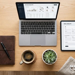 May include: A silver laptop displaying an invoice tracker dashboard, a tablet showing an email template, a brown leather-bound notebook with a black pen, a ceramic mug filled with dark coffee, a small green succulent, and white wireless earbuds.