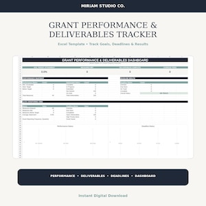 May include: A digital Grant Performance & Deliverables Tracker Excel template by Miriam Studio Co. The dashboard features sections for performance snapshots, deadline health, and quick monitoring views with tables for tracking goals and results.