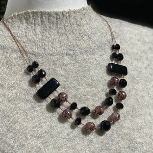 Black/Brown Marble Contemporary 2 Strand Necklace Set - Glass Jewelry, Artisan Jewelry, Handmade,Women&#39;s Jewelry Gift,
