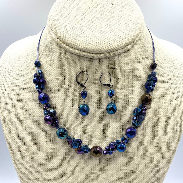 Blue Iris Twisted Short Necklace Set - Czech Glass Jewelry, Artisan Jewelry, Handmade Jewelry, Women's Jewelry Gift, Beaded Jewelry