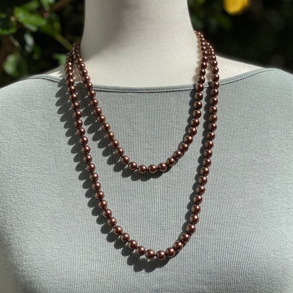 Dark Brown Handknotted Pearls, Long Necklace Set, Czech Glass Pearls, Trendy Timeless Beauty and Sophisticated Elegance