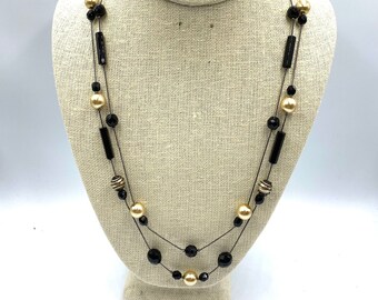 Black Beads  - Glass Gold Pearls 2 Strand Long Necklace Set - Czech Glass , Artisan Jewelry, Handmade,  Women&#39;s Jewelry Gift