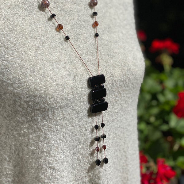 Black/Brown Marble Contemporary Long Necklace - Czech Glass Jewelry, Artisan Jewelry, Handmade, Women's Jewelry Gift, Beaded Jewelry