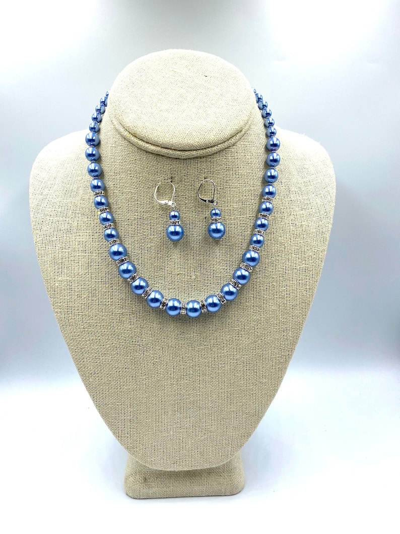 Light Blue Czech Glass Pearls with Rhinestone Rondels Necklace Set Women/'s Jewelry Gift Artisan Jewelry Czech Glass Handmade