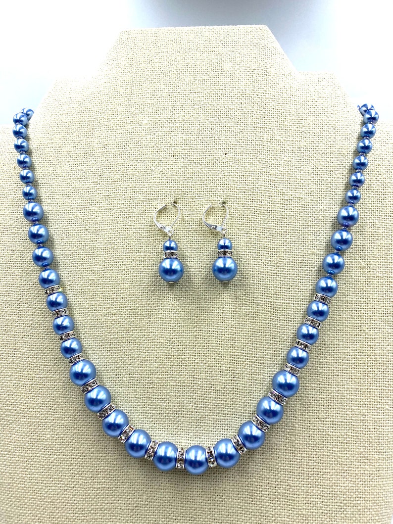 Light Blue Czech Glass Pearls with Rhinestone Rondels Necklace Set Women/'s Jewelry Gift Artisan Jewelry Czech Glass Handmade