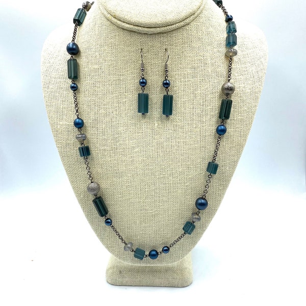 Montana Blue Long Necklace Set - Czech Glass Jewelry, Artisan Jewelry, Handmade Jewelry, Women's Jewelry Gift, Beaded Jewelry