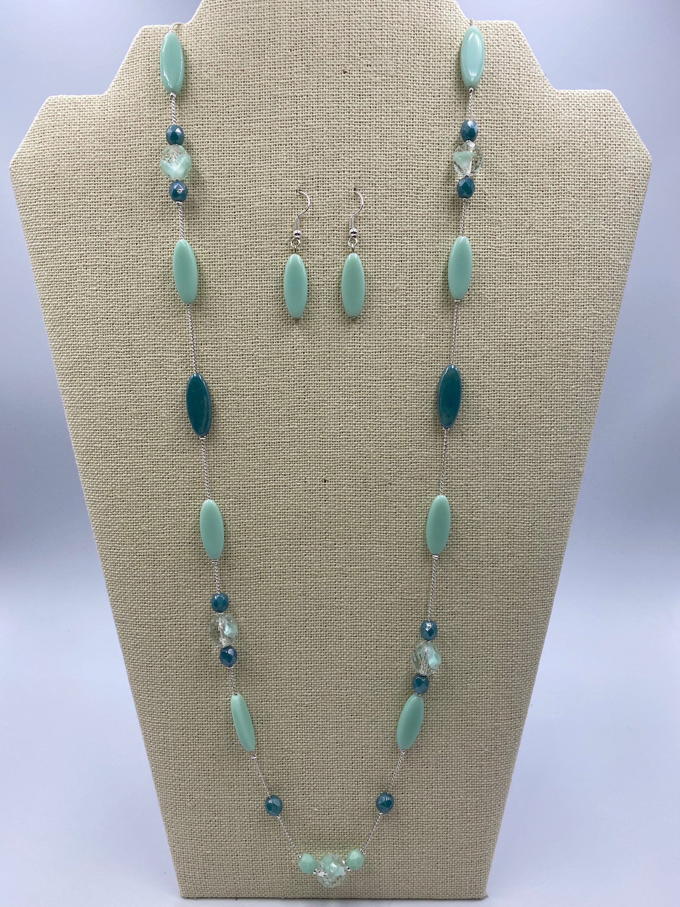 Mint-Teal Long Illusion Necklace - Czech Glass , Artisan Jewelry, Handmade,  Women's Jewelry Gift