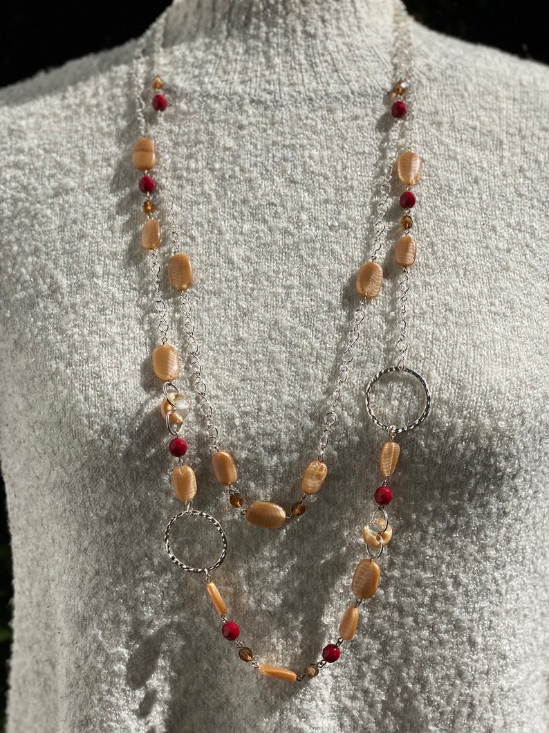 Handmade Jewelry Czech Glass Jewelry Red Long 2 Strands Necklace Beige Artisan Jewelry Beaded Jewelry Women/'s Jewelry Gift