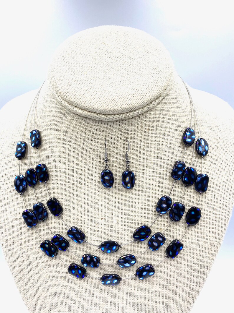 Czech Glass Jewelry Handmade Jewelry Electric Blue 3 Strand Short Necklace Set Artisan Jewelry Beaded Jewelry Women/'s Jewelry Gift